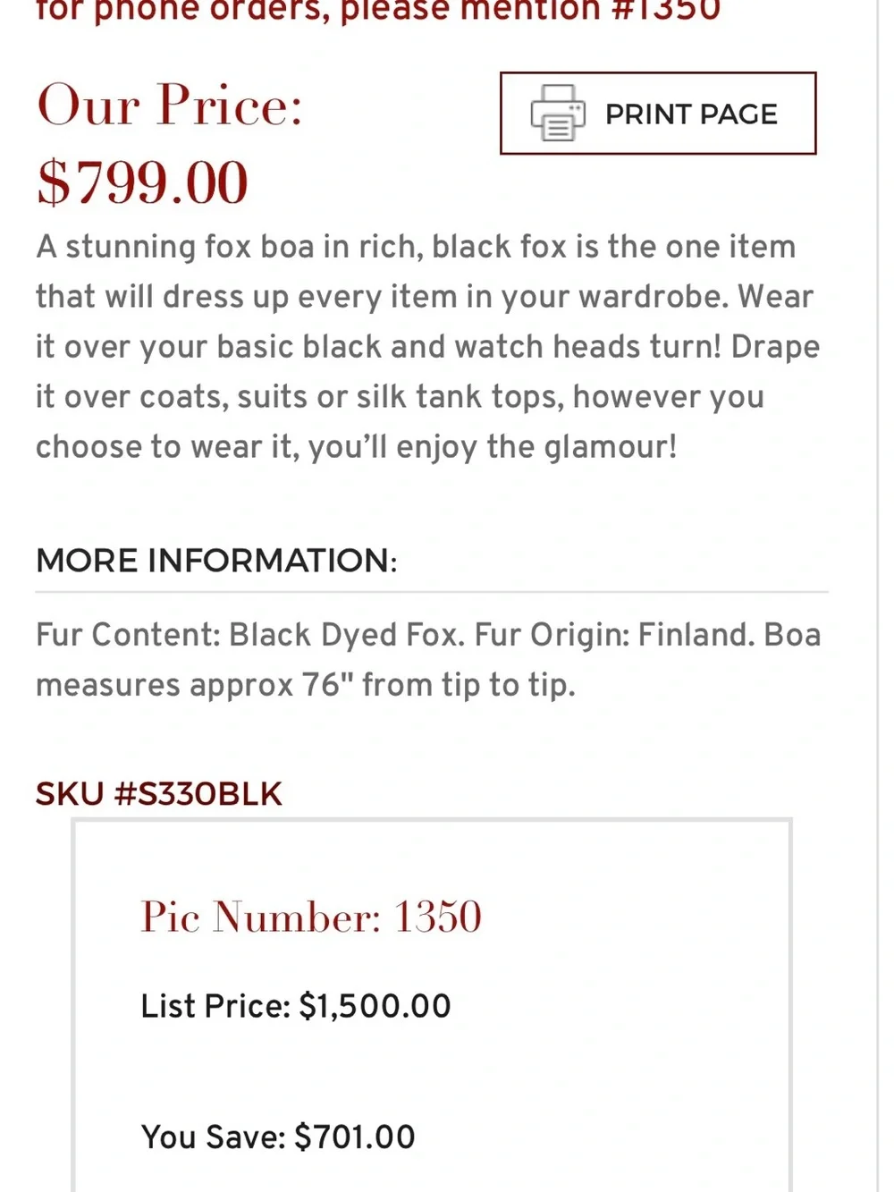 Madison Avenue Mall Furs Black Fox Fur Boa - Luxurious Women’s Wrap